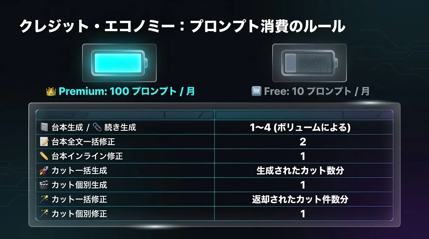 プロンプト（AI）クレジットの消費の概要ビジュアル