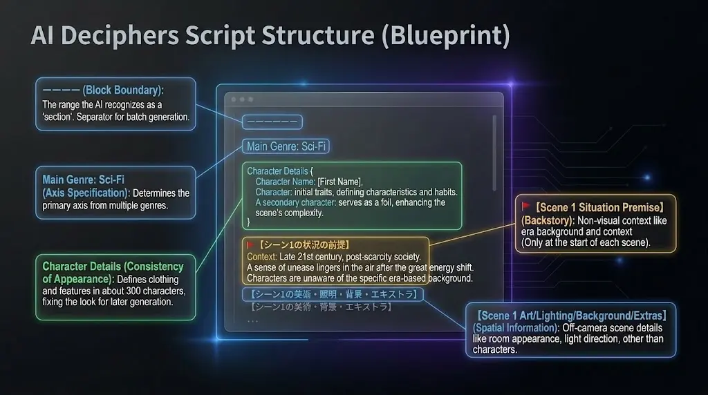 Visual for the structure of AI-generated movie scripts (sample)