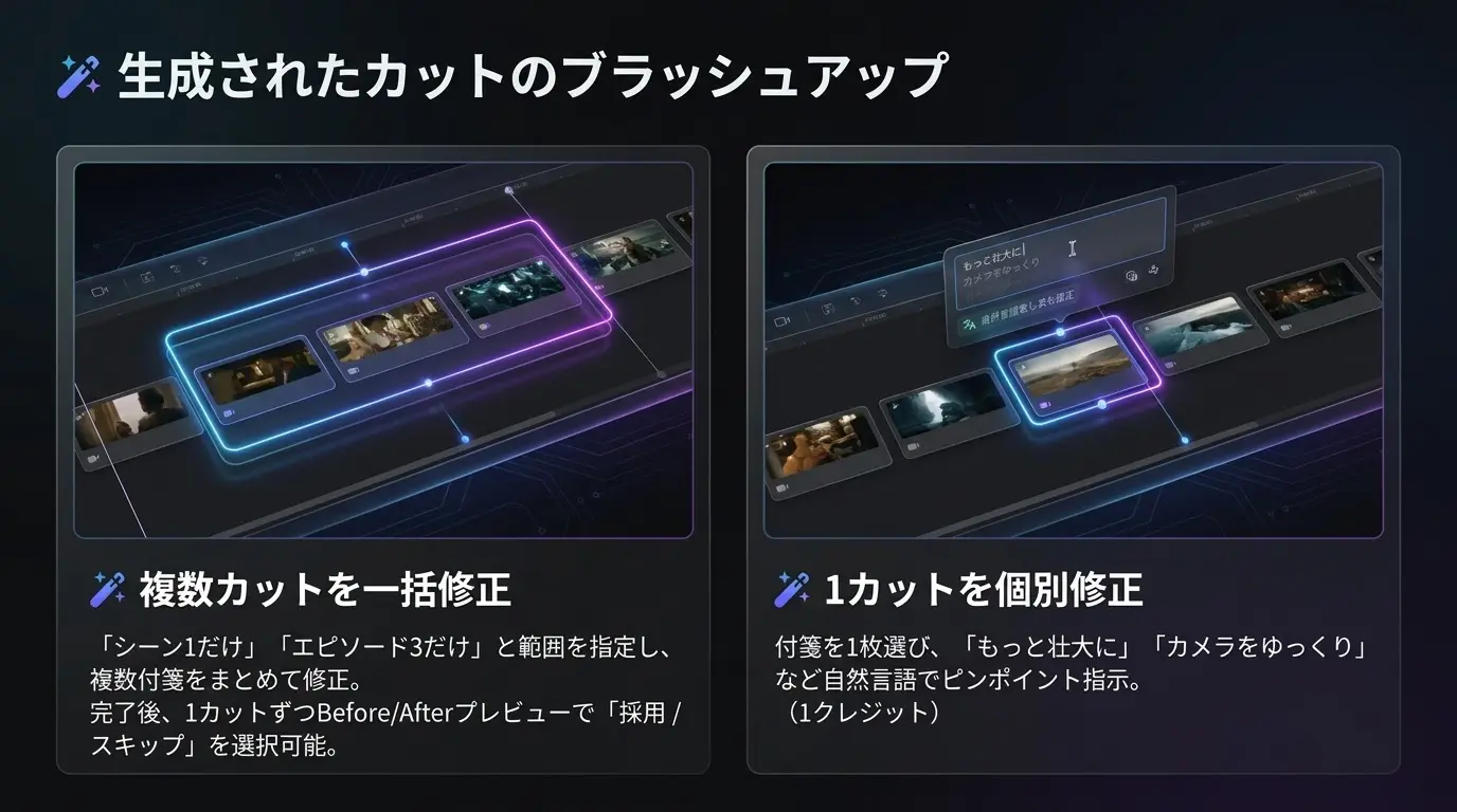 カット（プロンプト）をAIで一括修正する機能の補足ビジュアル