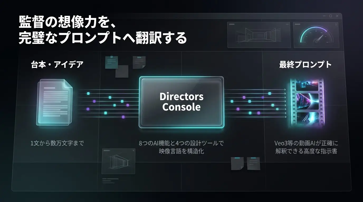 Directors Console の AI 機能(台本生成・カット生成・修正など)を示す記事用ビジュアル