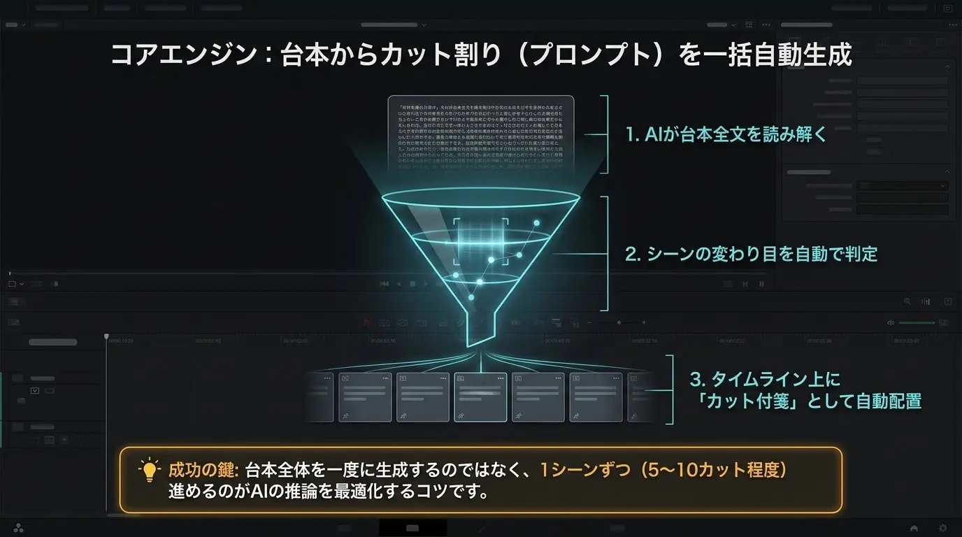 カット一括生成の中心的なワークフローを示すビジュアル