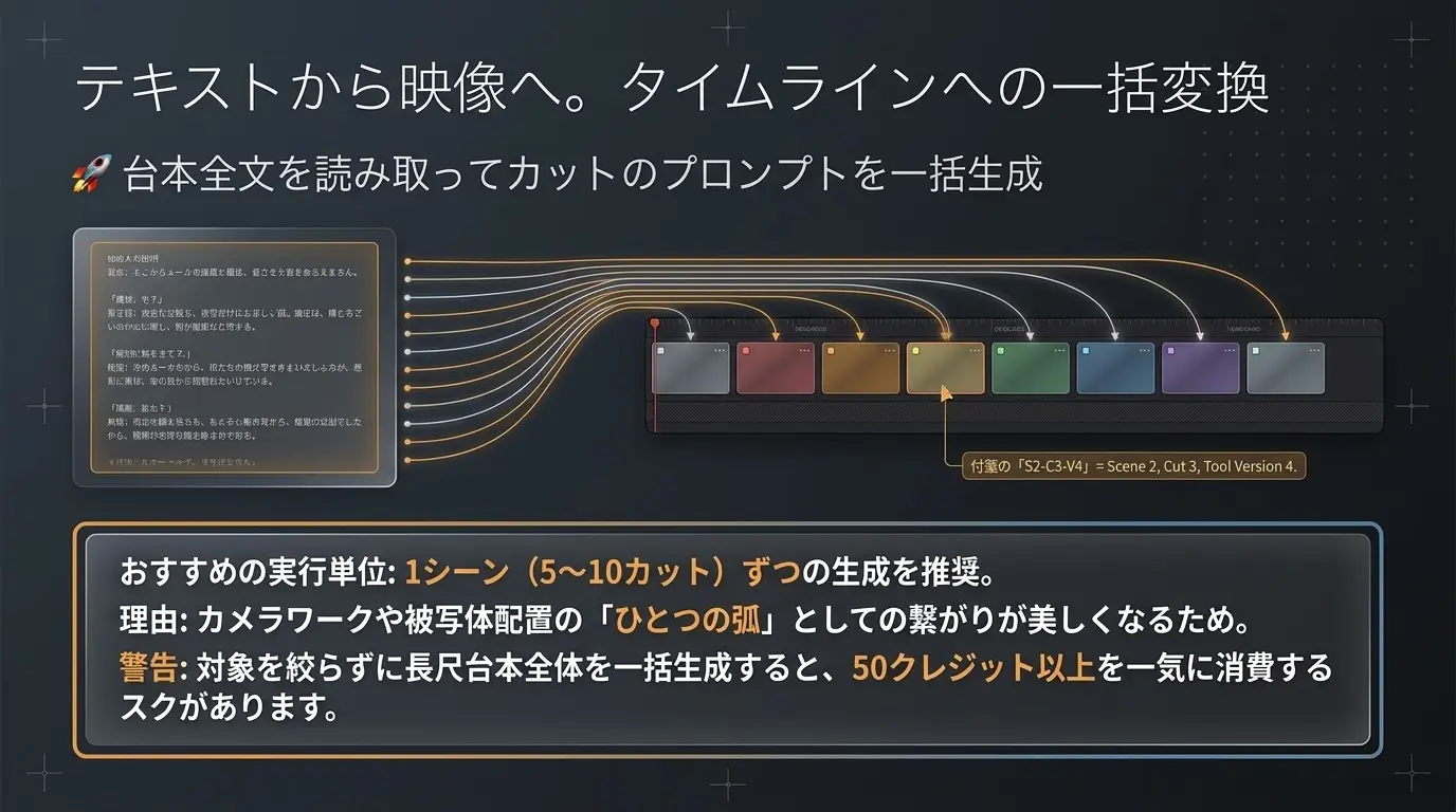 シーン単位の一括生成の進め方を示すビジュアル