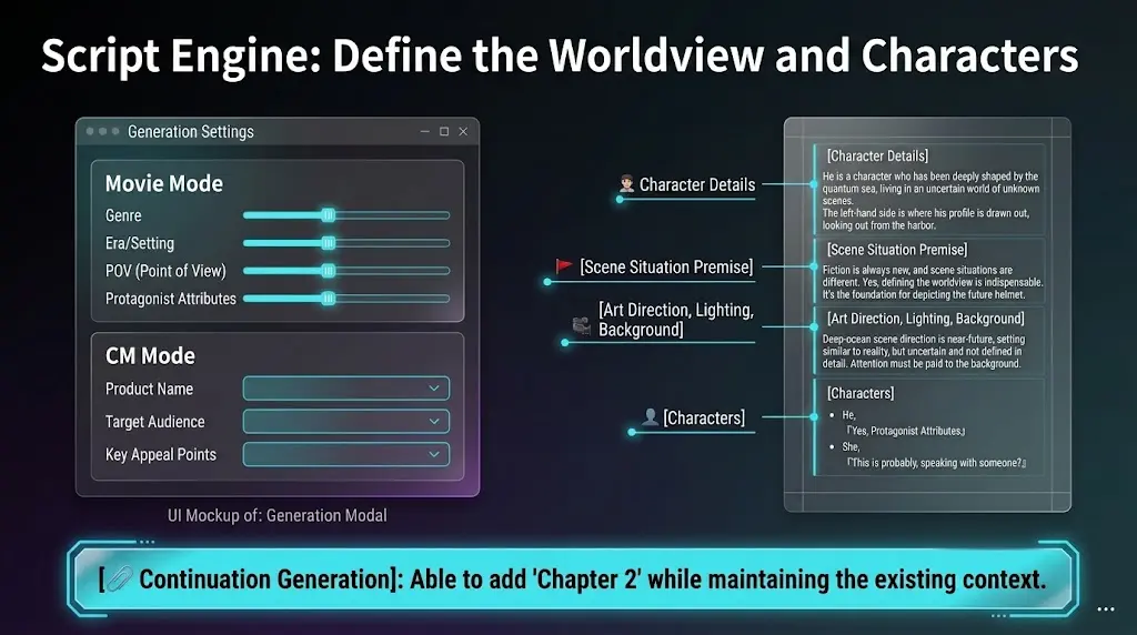 Visual overview of AI script and story generation