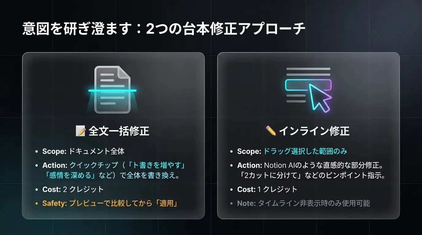 台本全文をAIで一括修正する機能の概要ビジュアル