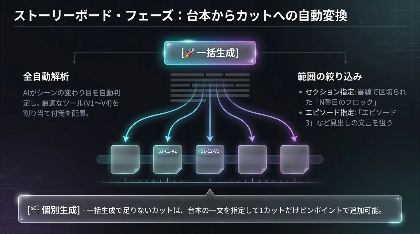 台本全文からカットのプロンプトを一括生成する機能の概要ビジュアル