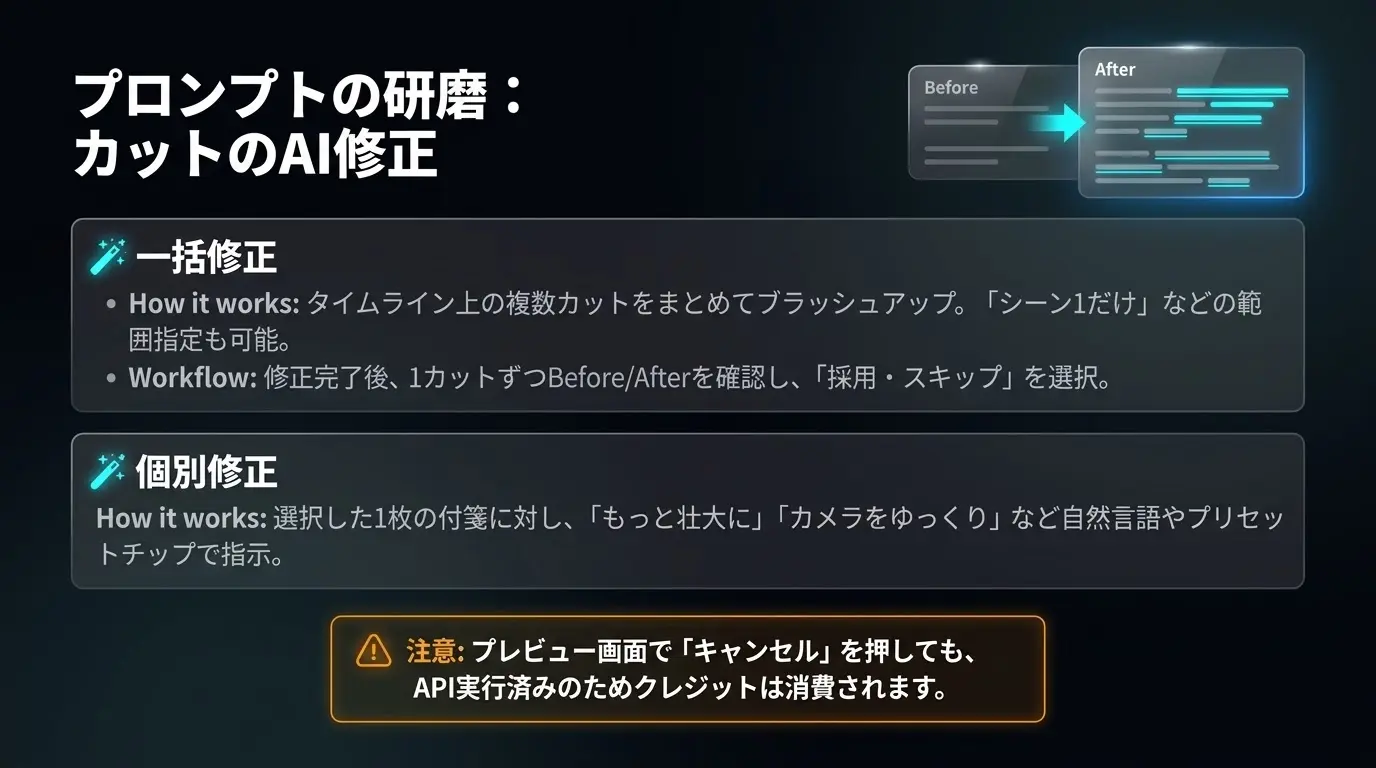 カット（プロンプト）をAIで一括修正する機能の概要ビジュアル